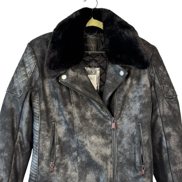 New Guess Metallic Faux Leather Fur Quilted Moto Biker Full Zip Jacket Sz Large - Picture 2 of 11